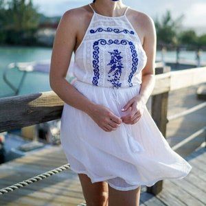 Urban Outfitters Floral Embroidered Lace Trim  Tie White Mini Dress M